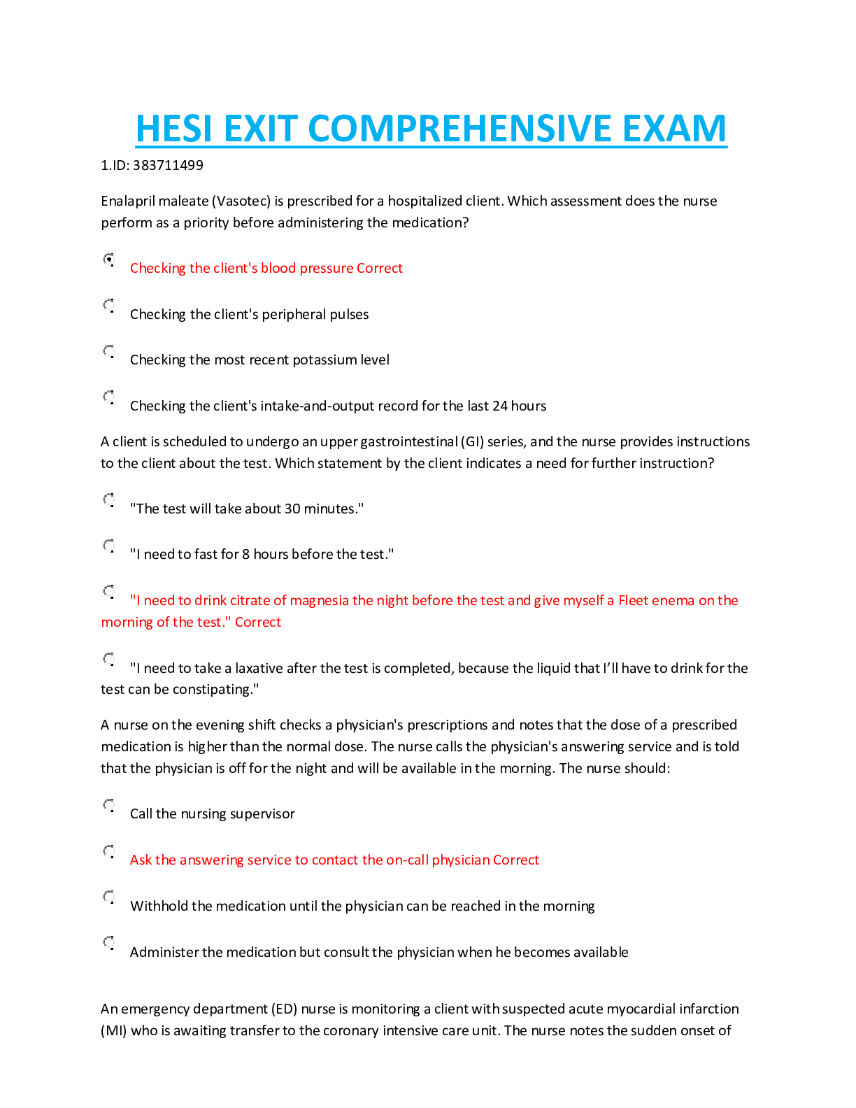Preview image for NURSING 215 HESI EXIT COMPREHENSIVE EXAM. LATEST COMPLETE SOLUTIONS RATED AND GRADED ANURSING 215 HESI EXIT COMPREHENSIVE EXAM. LATEST COMPLETE SOLUTIONS RATED AND GRADED A